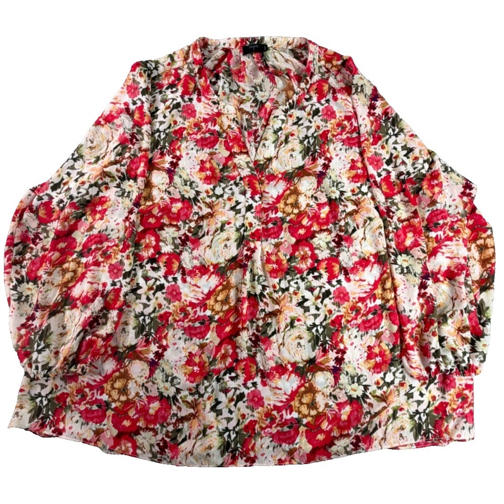Tahari Woman 3X Red Floral Watercolor Print Blouse Long Sleeve V Neck Pullover